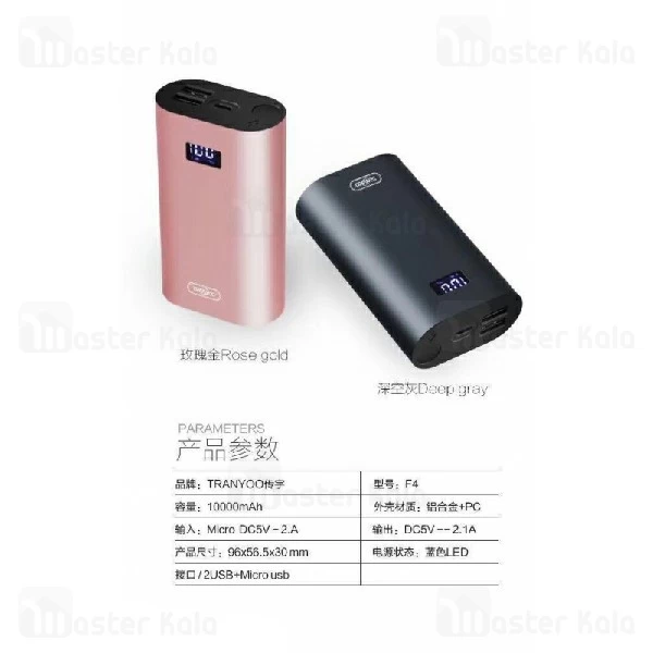 پاوربانک 10000 میلی آمپر ترانیو Tranyoo F4 Power Bank با توان 2.1 آمپر