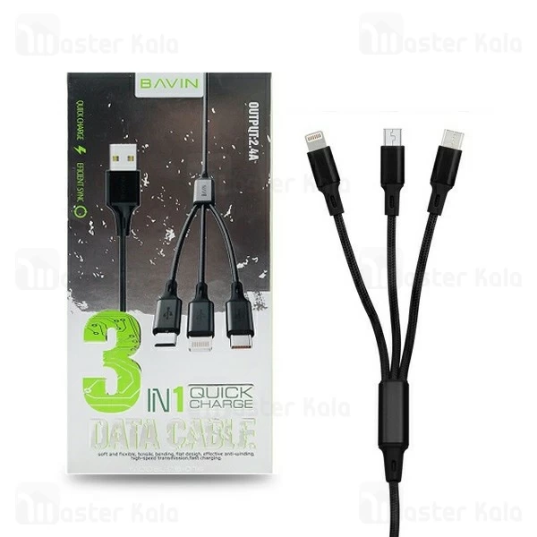 کابل سه سر باوین Bavin CB-076 3 in 1 Cable توان 2.4 آمپر و طول 1.2 متر