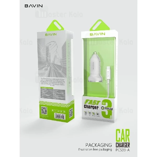 شارژر فندکی فست شارژ باوین Bavin PC533 QC3.0 Car Charger همراه با کابل