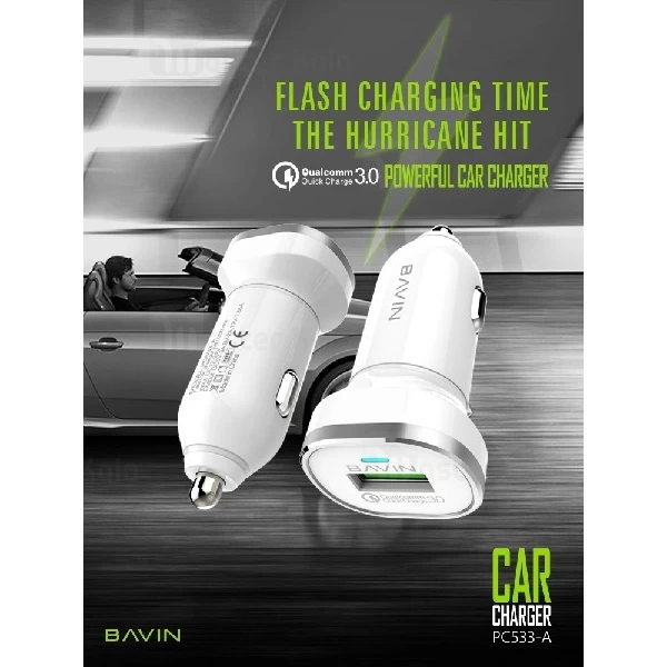 شارژر فندکی فست شارژ باوین Bavin PC533 QC3.0 Car Charger همراه با کابل