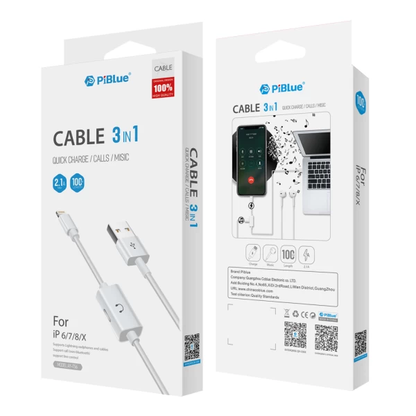 کابل تبدیل لایتنینگ اتصال همزمان هندزفری و شارژر PiBlue AY-T56