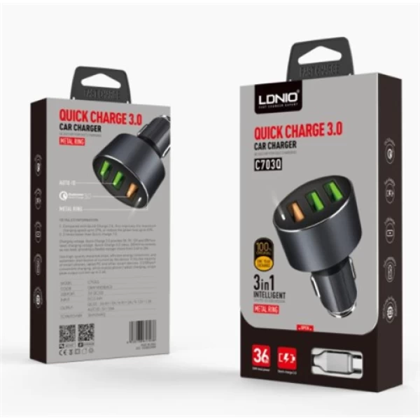 شارژر فندکی فست 3 پورت Qualcomm 3.0 الدینیو LDNIO C703Q با کابل