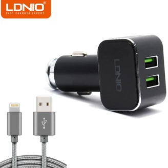 شارژر فندکی 2 پورت الدینیو LDNIO C306 با کابل لایتنینگ