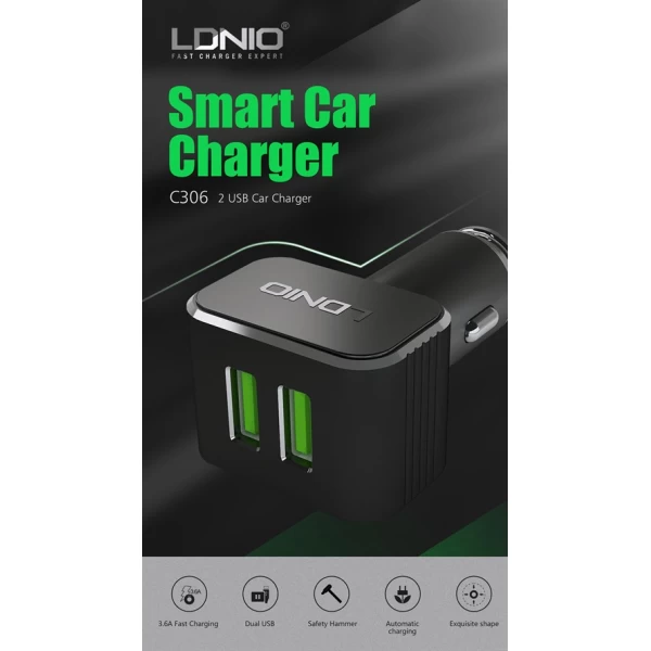 شارژر فندکی الدینیو LDNIO C306 با کابل لایتنینگ آیفون