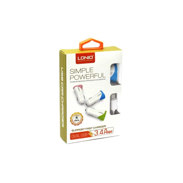 شارژر فندکی 2 پورت LDNIO الدینیو C332 با کابل میکرو یو اس بی