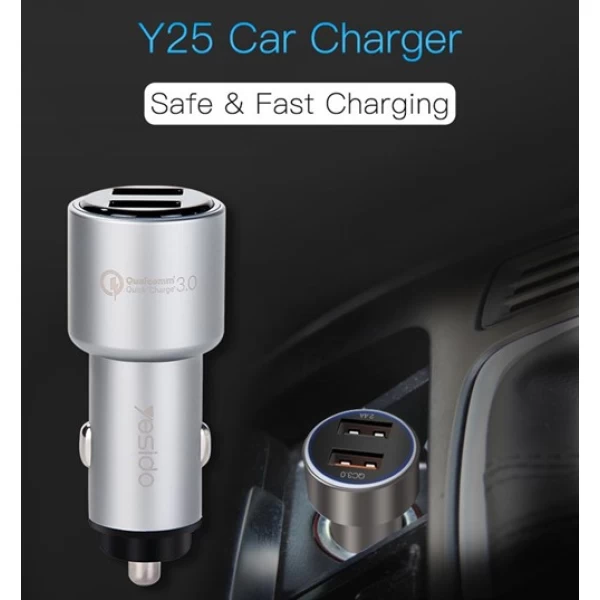 شارژر فندکی فست شارژ 2 پورت Qualcomm 3.0 یسیدو yesido Y25