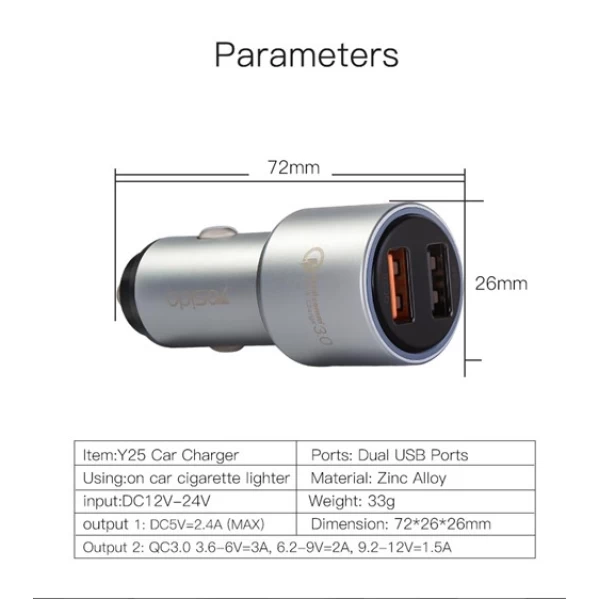 شارژر فندکی فست شارژ 2 پورت Qualcomm 3.0 یسیدو yesido Y25
