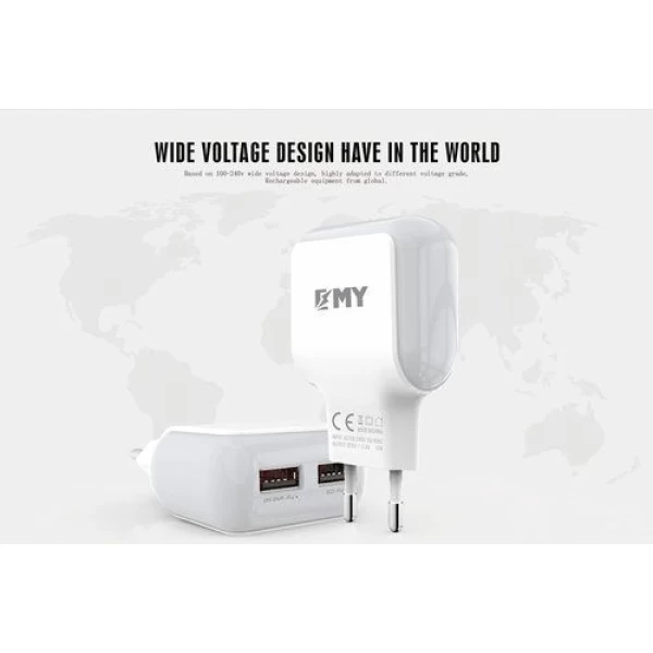 شارژر دیواری 2 خروجی امی Emy مدل MY-220 همراه با کابل