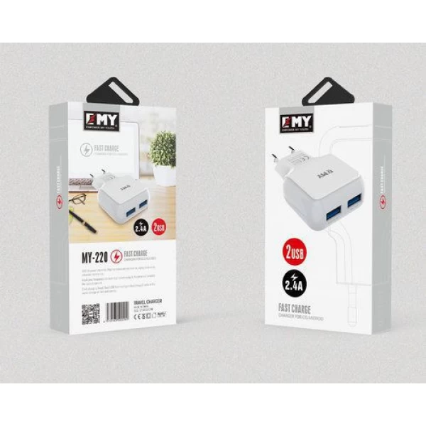 شارژر دیواری 2 خروجی امی Emy مدل MY-220 همراه با کابل