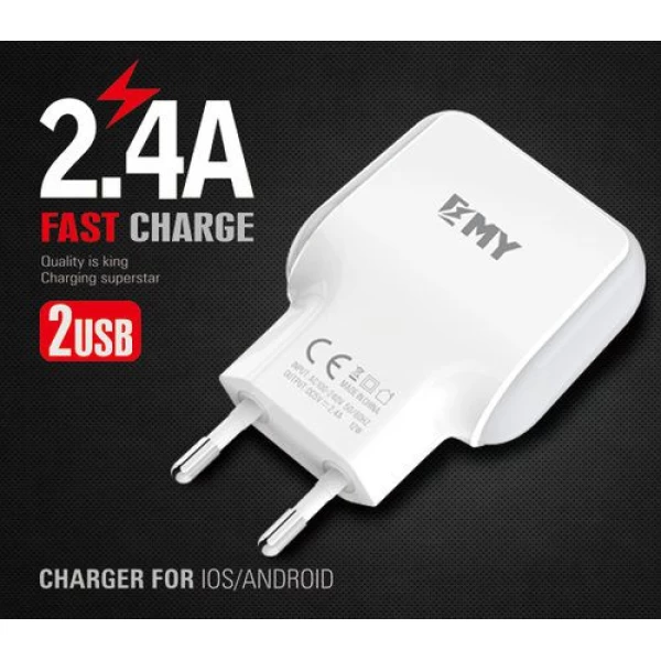 شارژر دیواری 2 خروجی امی Emy مدل MY-220 همراه با کابل