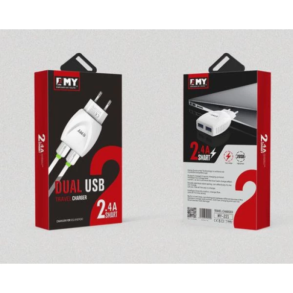 شارژر دیواری 2 خروجی امی Emy مدل MY-221 همراه با کابل