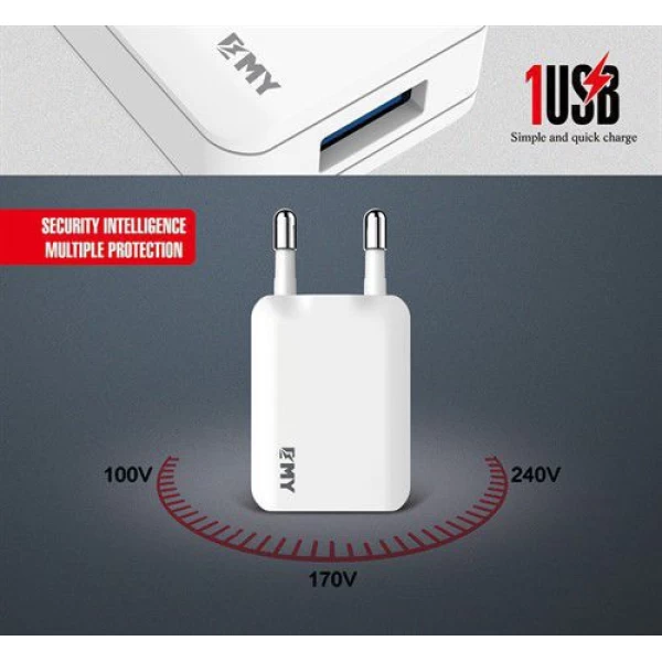 شارژر دیواری 1 خروجی امی Emy مدل MY-223 همراه با کابل لایتنینگ