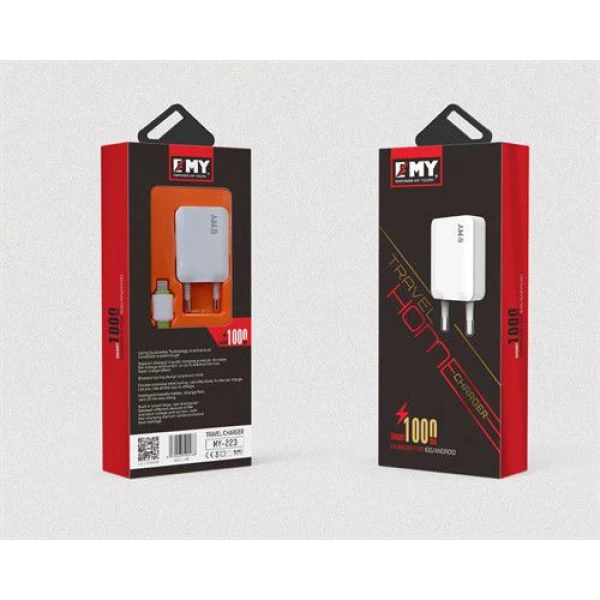 شارژر دیواری 1 خروجی امی Emy مدل MY-223 همراه با کابل لایتنینگ