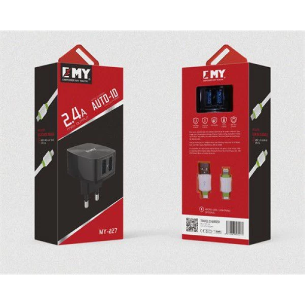 شارژر دیواری 2 خروجی امی Emy مدل MY-227 همراه با کابل لایتنینگ
