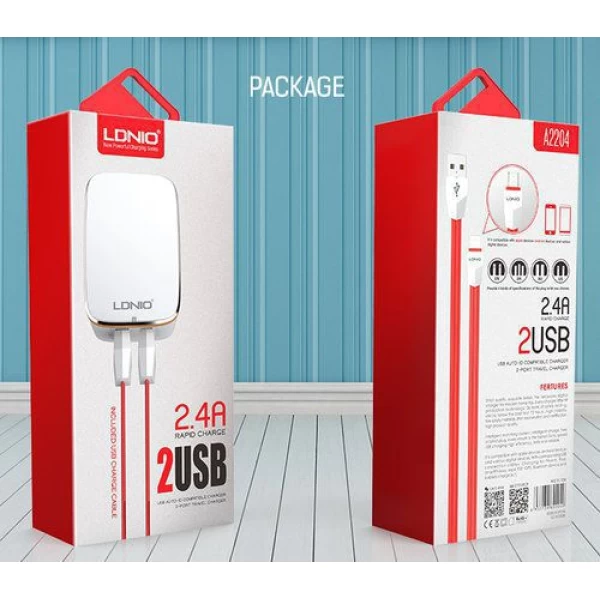 شارژر دیواری 2 خروجی الدینیو LDNIO مدل A2204 همراه با کابل
