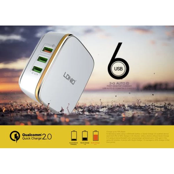 هاب شارژر 6 پورت 7 آمپر فست شارژ Qualcomm الدینیو LDNIO A6704