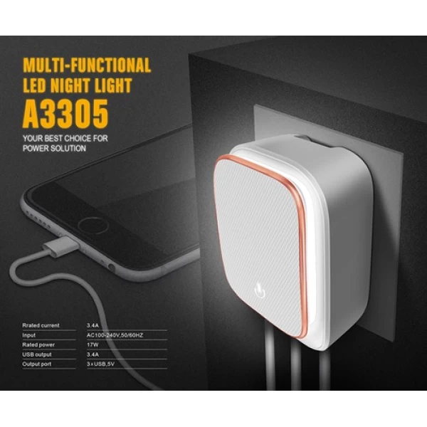 آداپتور شارژر 3 پورت و چراغ خواب الدینیو LDNIO A3305 با کابل شارژ