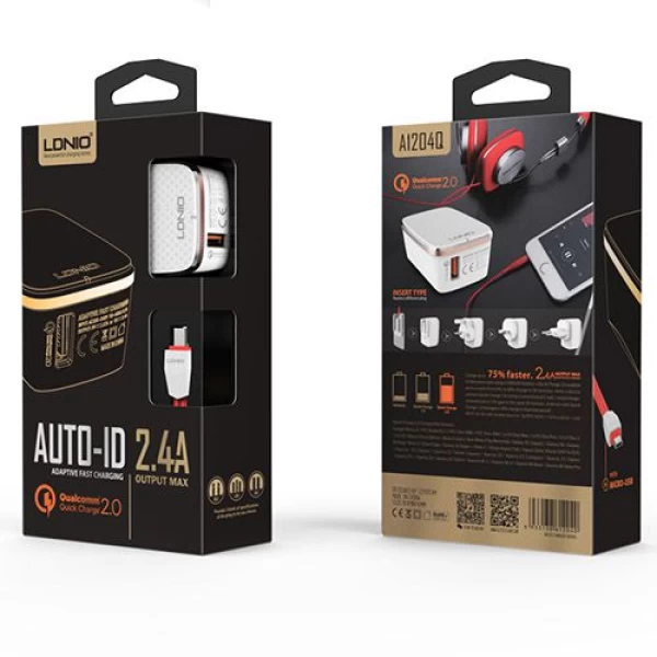 شارژر دیواری فست شارژ QC 3.0 الدینیو Ldnio A1204Q توان 18 وات با کابل همراه