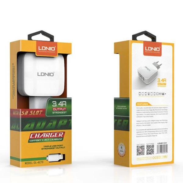 شارژر دیواری 3 خروجی الدینیو LDNIO مدل DL-AC70 همراه با کابل