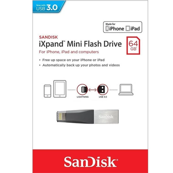 فلش مموری 64 گیگابایت لایتنینگ آیفون سن دیسک Sandisk iXPAND Mini Lightning and USB3.0