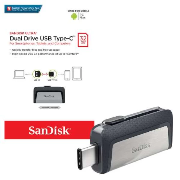فلش مموری 32 گیگابایت سن دیسک SanDisk Ultra Dual Drive USB3.1 Type-C