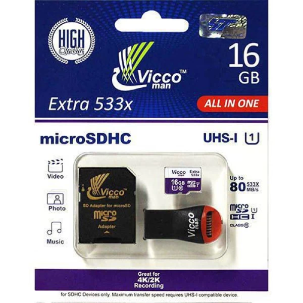 کارت حافظه میکرو اس دی 16 گیگابایت ViccoMan Extra 533x Plus UHS-l U1