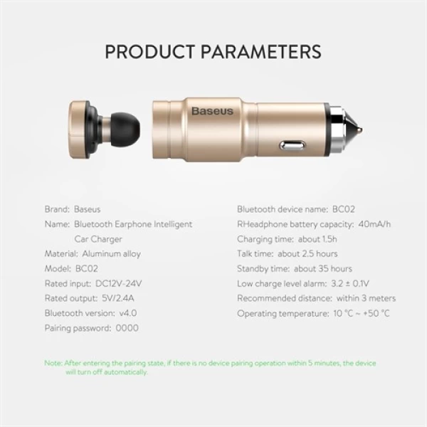 هندزفری بلوتوث و شارژر فندکی بیسوس مدل Baseus BC02