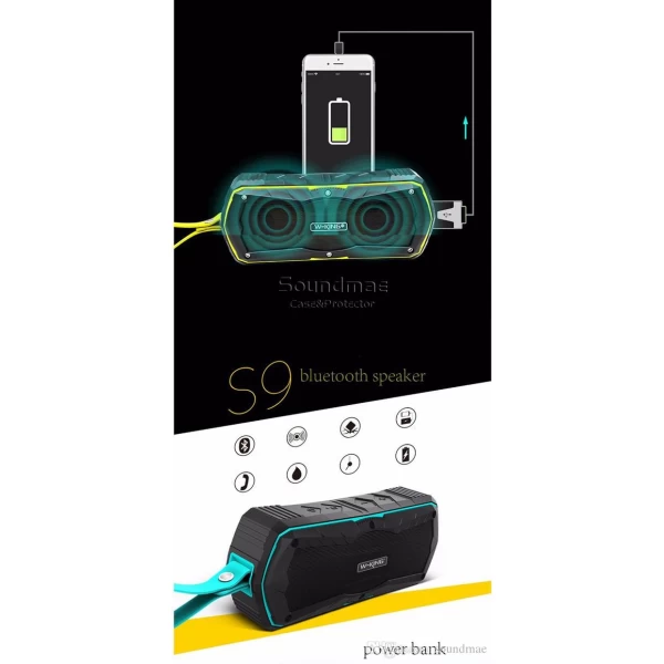 اسپیکر بلوتوث ضدآب و پاوربانک W-King S9